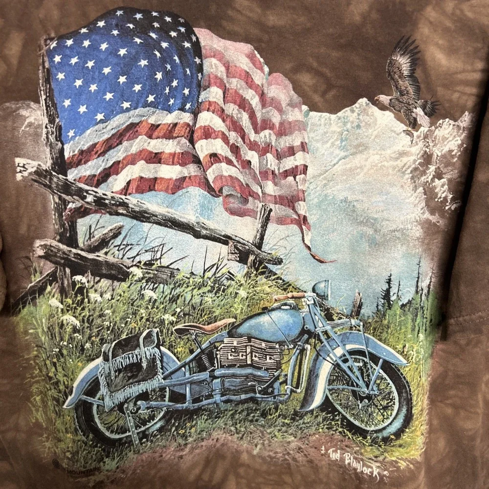 The Mountain Brown Motorcycle Eagle Flag USA Tee Shirt Ted Blaylock‎ Men XL